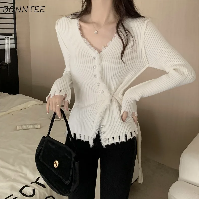 

Cardigan Women Knitted Beading Design V-neck Sweater Tassel All-match Elegant Sexy Girls Korean Fashion Autumn Gentle Stylish
