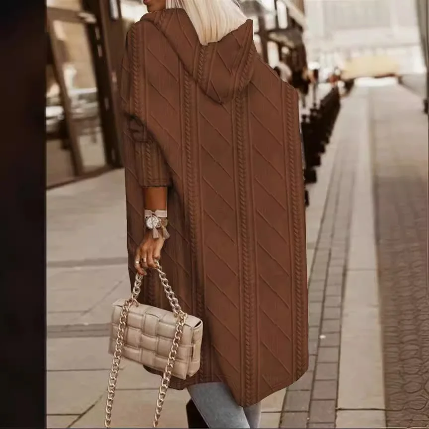2025 Autumn and Winter New Women's European and American Pattern Hooded Medium and Long Trench Coat