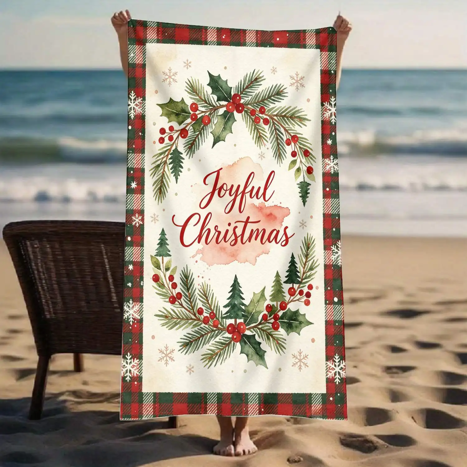 Watercolor Holly Berry Joyful Christmas Script Plaid Border Print Beach Towel Elegant Touch for Seasonal Shoreline Unwinding