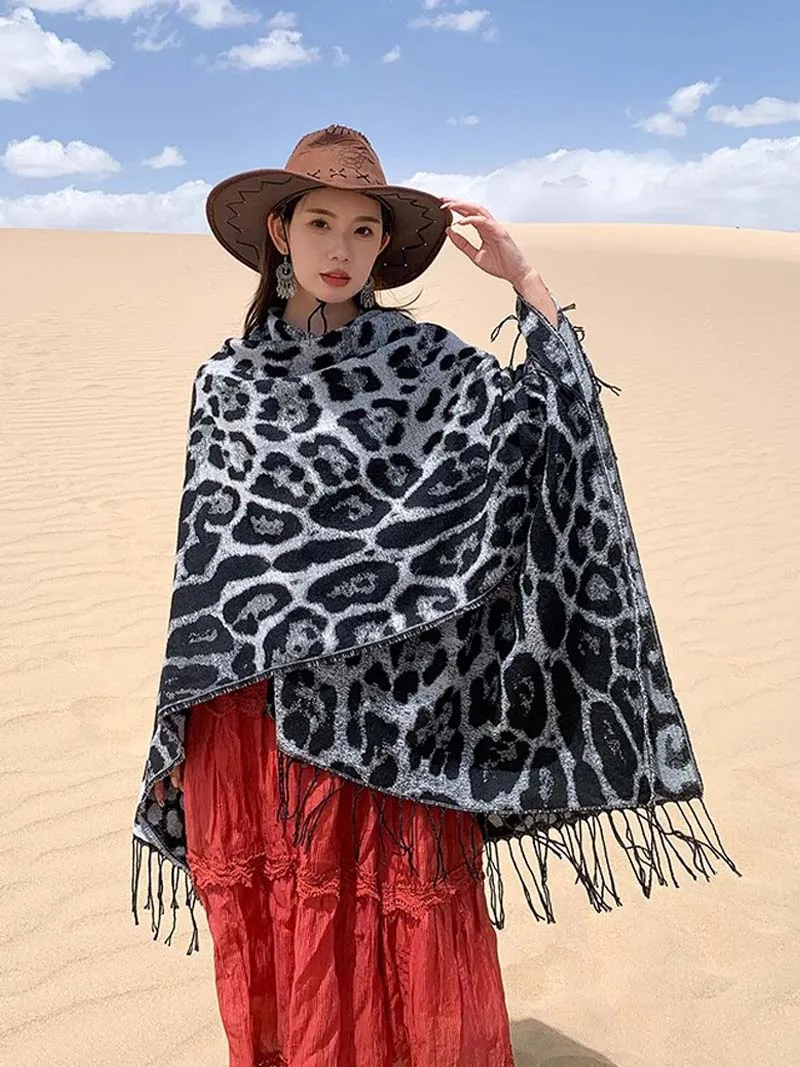 New Fashion Leopard Acrylic Cashmere Cape Cardigan Women Autumn Winter Split Shawl Loose Outerwear Wraps Long