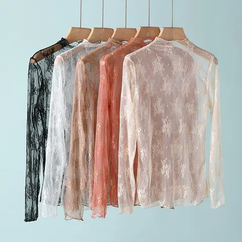 Sexy Women Mesh T-Shirts Transparent Lace Blouse Long Sleeve See Through Tops For Women Bottoming Shirt Sheer Tees Body Crop Top