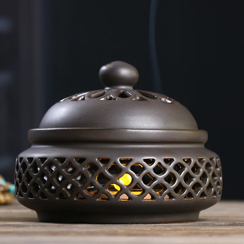 Retro 4-hour ceramic incense burner, home decoration accessories, incense burner, living room decoration, aromatherapy pedestal