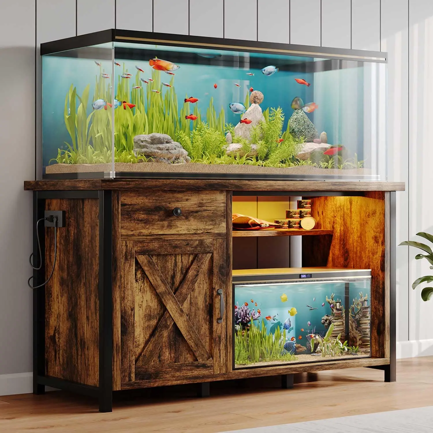 55-75 Gallon Fish Tank Stand with Power Outlets, LED Light, Heavy Duty Aquarium Stand with Cabinet for Fish Tank