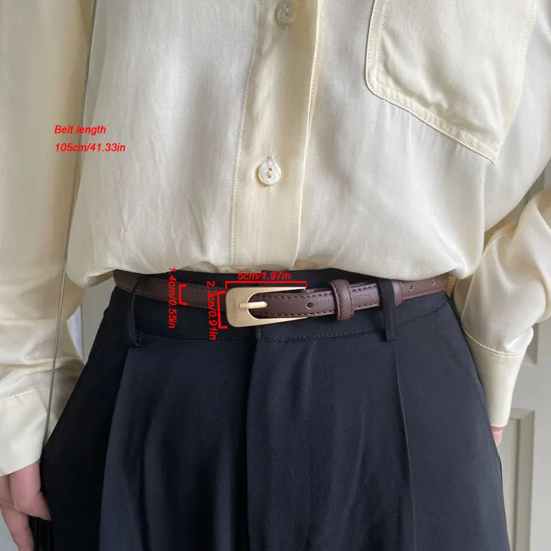Slim beige waist belt with smooth leather square buckle and adjustable waistband, suitable for matching pants and skirts