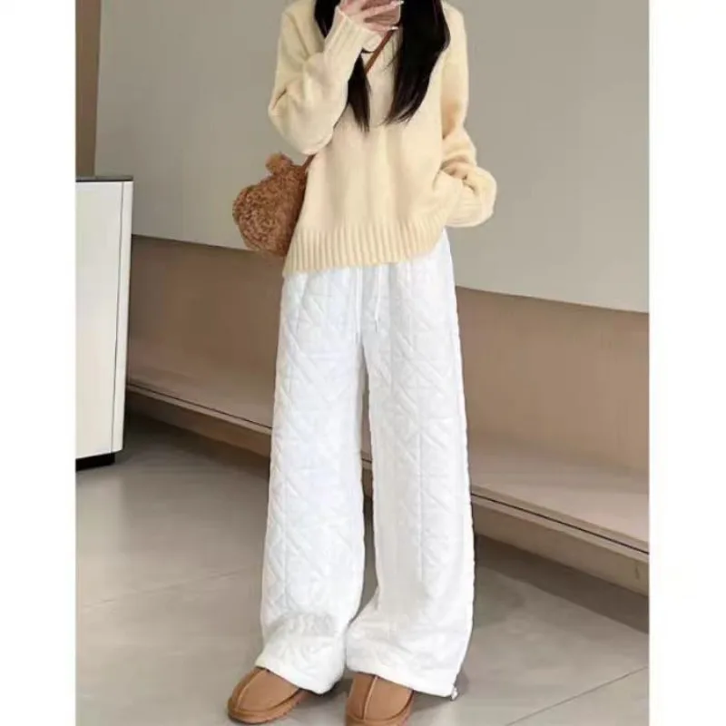 와이드 레그 코튼 퀼트 바지 여성 빈티지 격자 무늬 경량 방풍 오버 사이즈 바지 두꺼운 느슨한 Drawstring 스웨트 팬츠