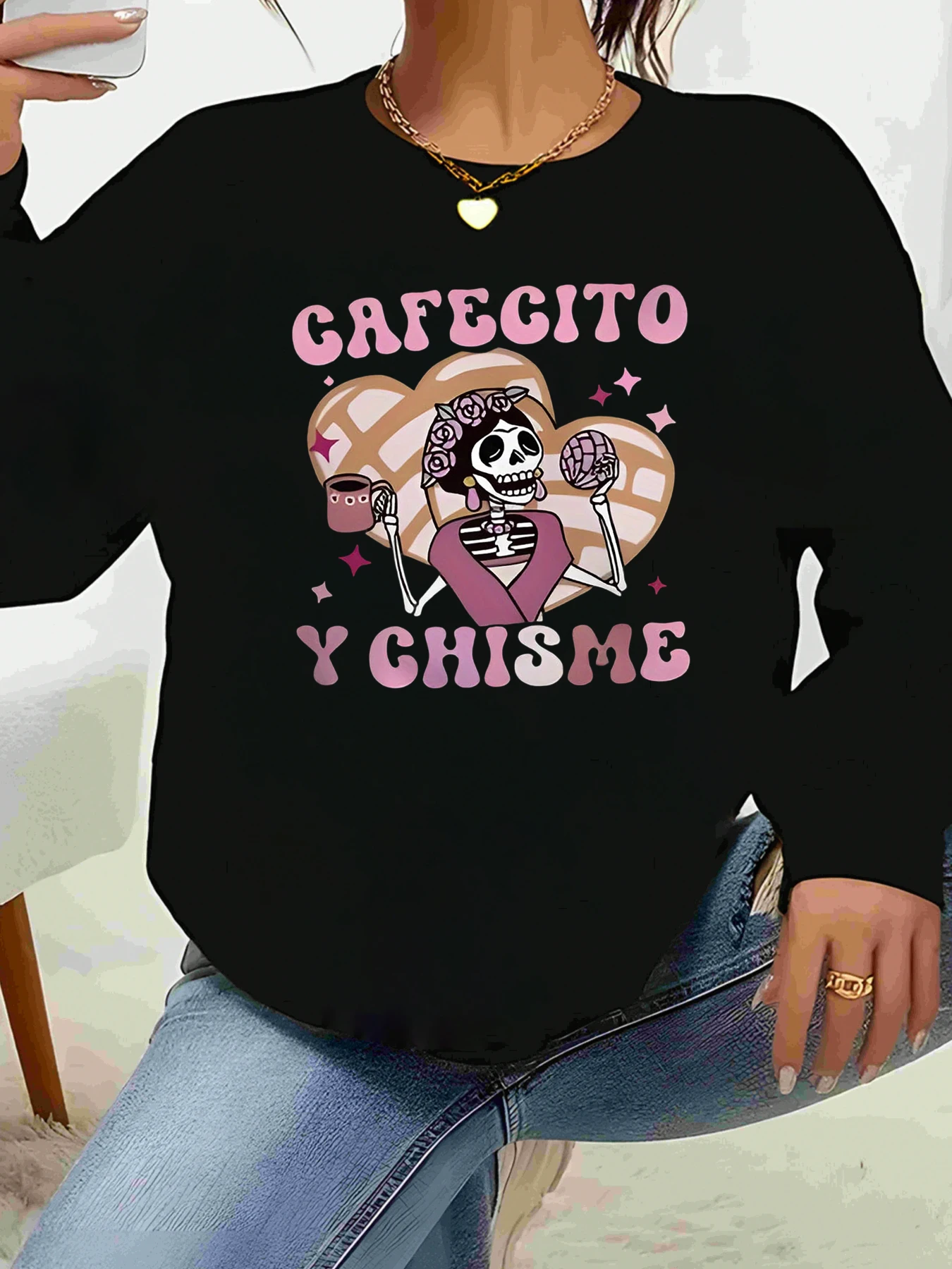 Cafecito Y Chisme Day of the Dead طباعة طويلة الأكمام ملابس غير رسمية للنساء #1