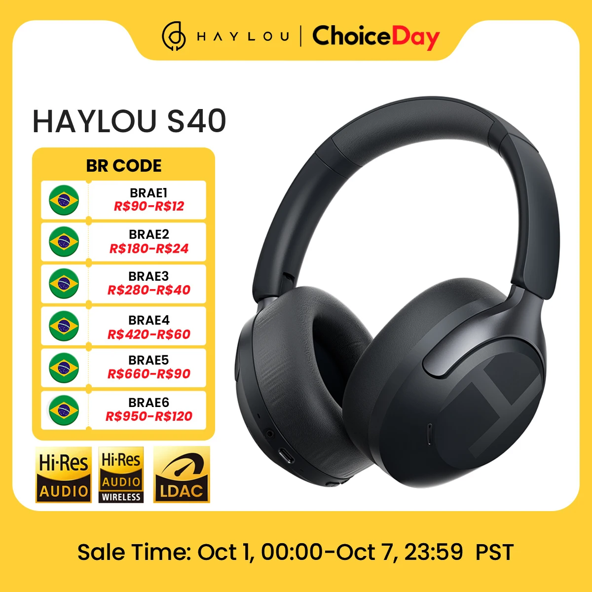 Haylou s40 anc fone de ouvido sem fio 50db cancelamento de ruído hi-res 3d fone de ouvido de áudio espacial com ldac bluetooth 6.0 sobre fone de ouvido