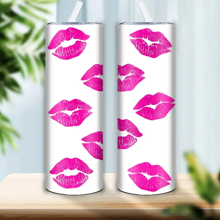 20oz 3D Print Lipstick Marks Skinny Straight Tumblers with Straw Lid Festive Party Stainless Mugs Skinny Straight Water Bottle