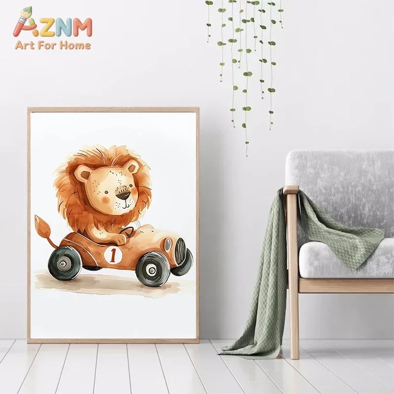 AZNM Cute Animals Race Car Canvas Wall Art Elephant Giraffe Bear Zebra Hippo Lion Driving Vintage Car Print Poster Watercolor Ar