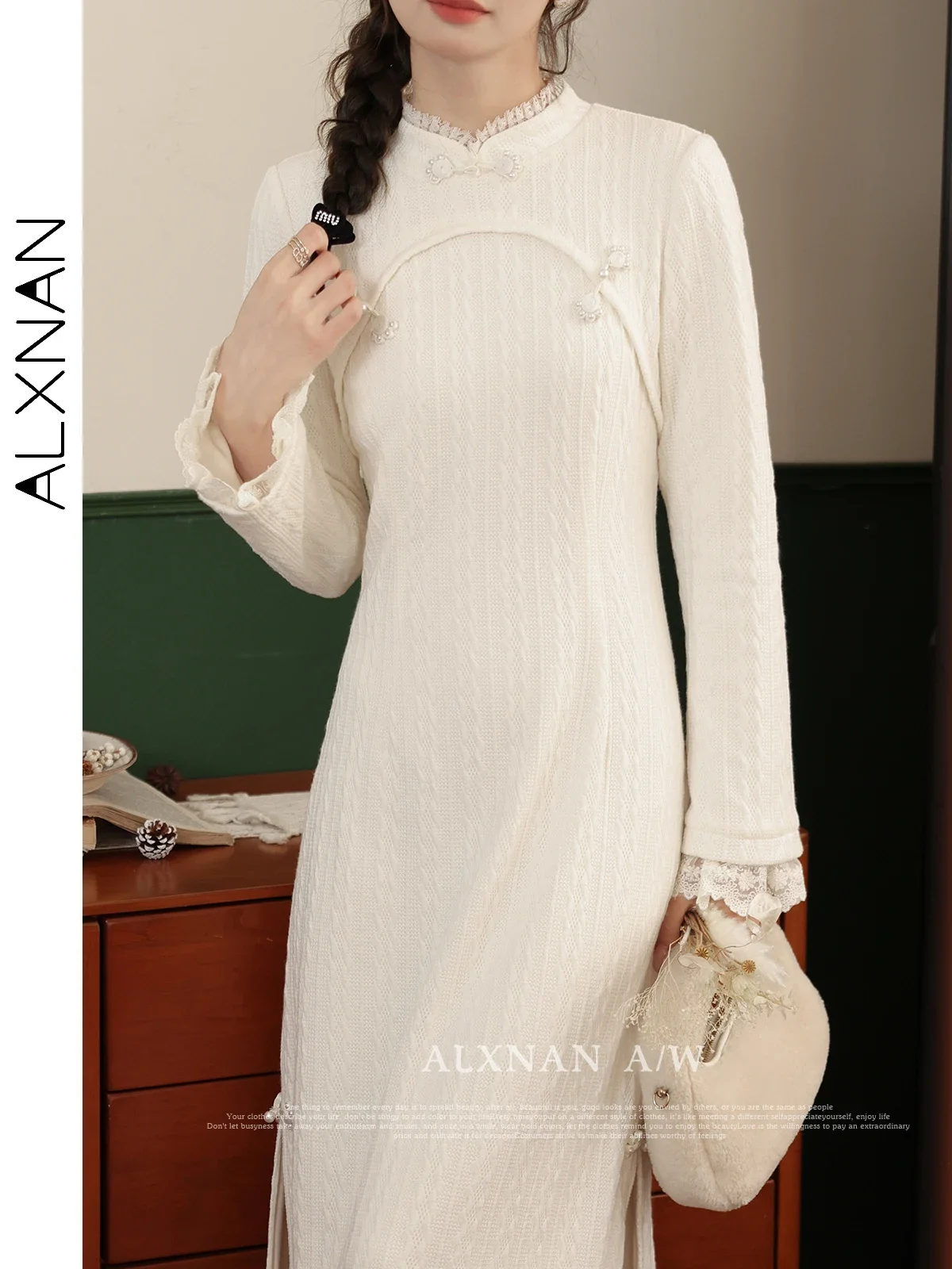 

ALXNAN New Chinese Style Apricot Long Sleeve Women's Dress 2024 Autumn Winter Elegant Side Split A-line Dresses Woman LXN32760