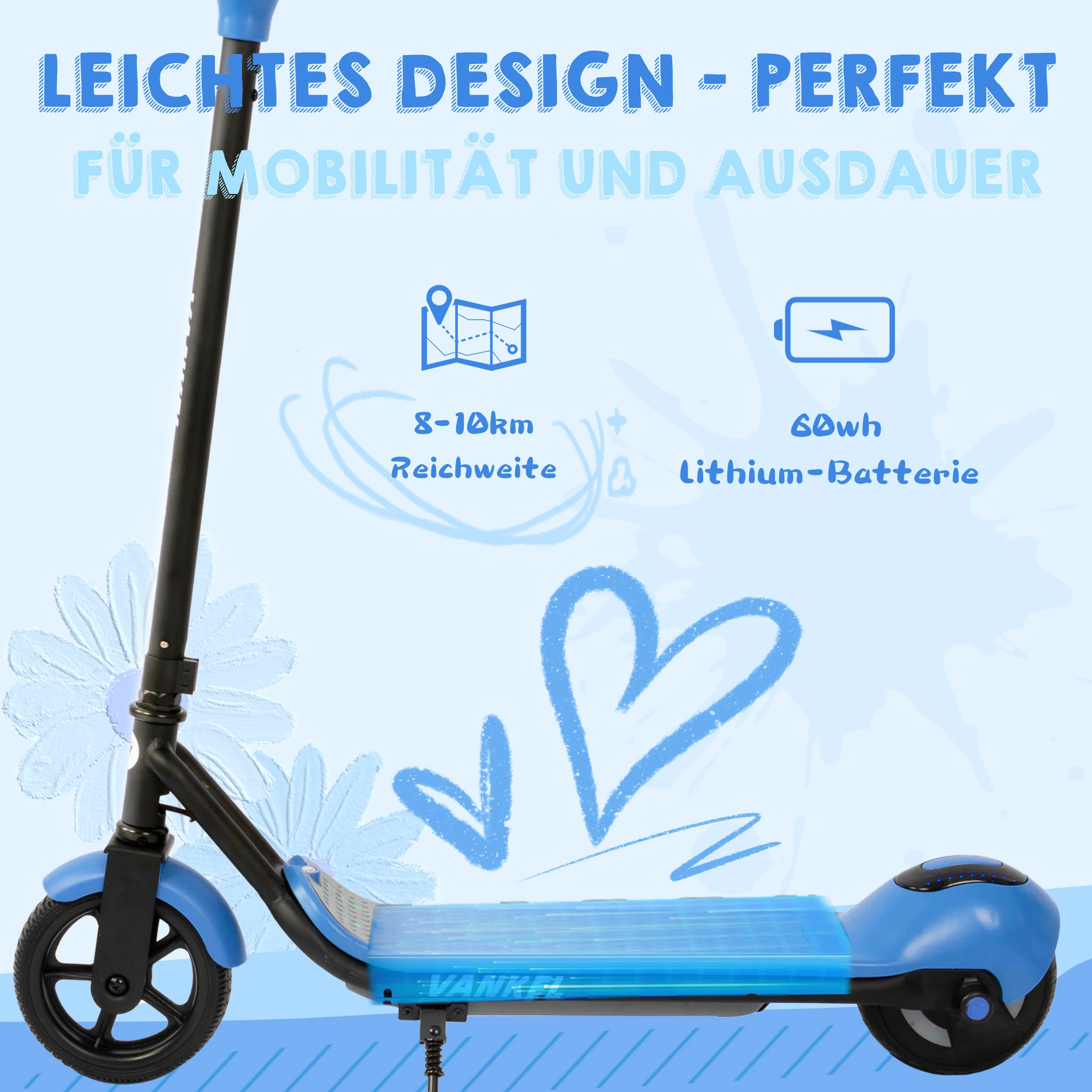 Vankel Kinder-Elektroroller mit Bluetooth, Regenbogenlichter, 6,5-Zoll-Kinderroller für Mädchen, 8–10 km Reichweite, 110 W Motor 60 Wh – Detail 6
