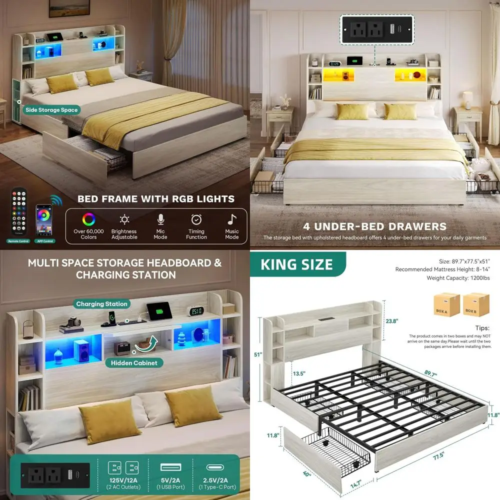 

Кровать King Size с книжным шкафом, 4 ящиками, RGB LED-подсветкой, USB и Type-C зарядкой, отсеком для хранения, без пружинного блока, цвет античный белый