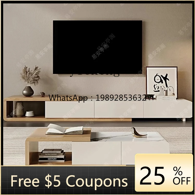 

Solid Wood Slate Coffee Table Modern Simple Cream Wind Log Color Retractable Coffee Table TV Cabinet