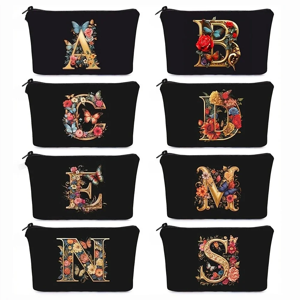 Black Makeup Bag with Prints of The 26 Letters of The English Alphabet Cosmetic Pouch Multi functional Storage Bags
