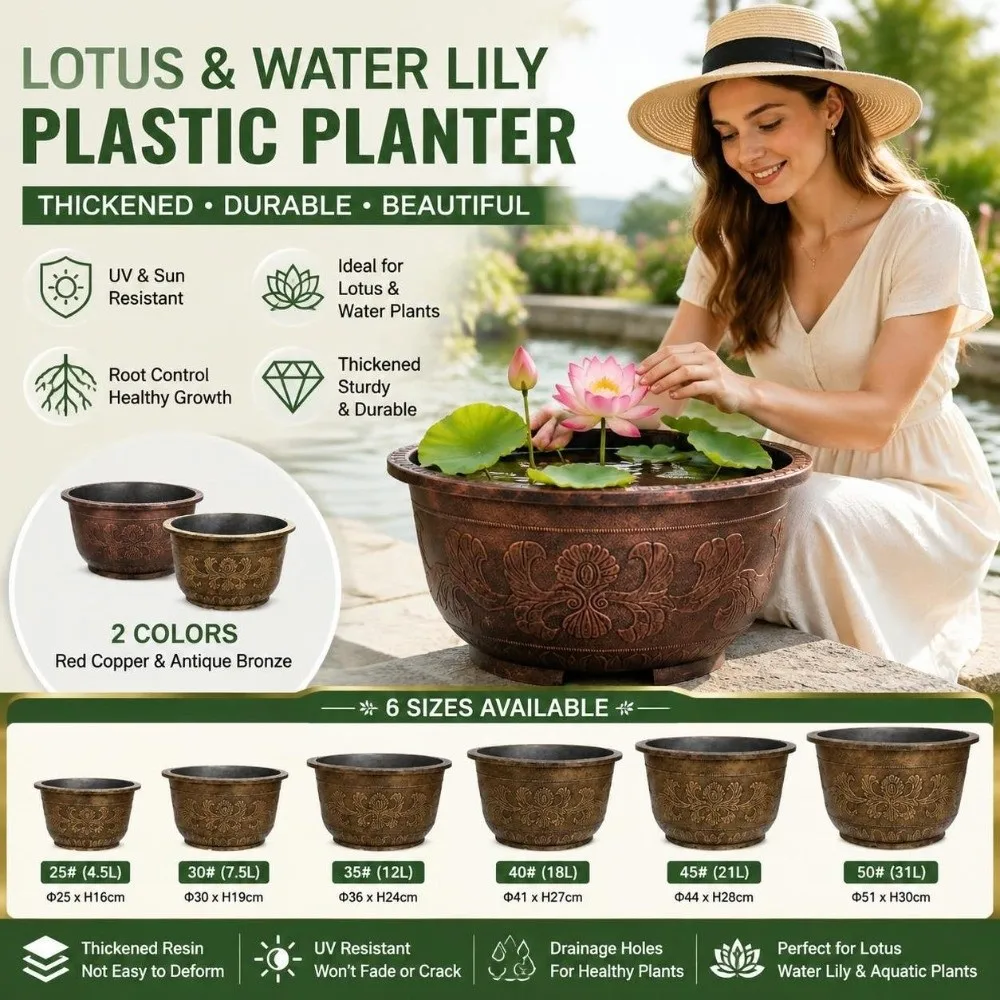 Resin Lotus Planter Pot 4.5L-31L Capacity Large Water Reservoir Planter Deepened Copper Bronze Retro Flower Pot Outdoor Use