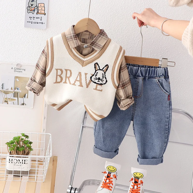 

Coat New Boys Cartoon Sleeveless Sweater Vest Plaid Shorts Jeans Pants Three Piece Children's Cardigan Outerwear Casual Clothing