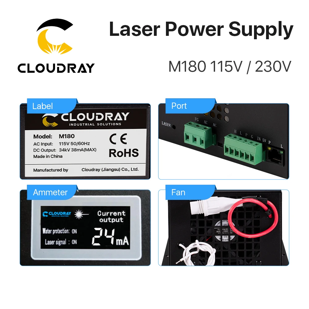 Imagem -03 - Cloudray 180w Co2 Fonte de Alimentação do Laser M180 115v 230v Tubo do Laser Equipamentos Energia para Co2 Gravação a Laser Máquina Corte