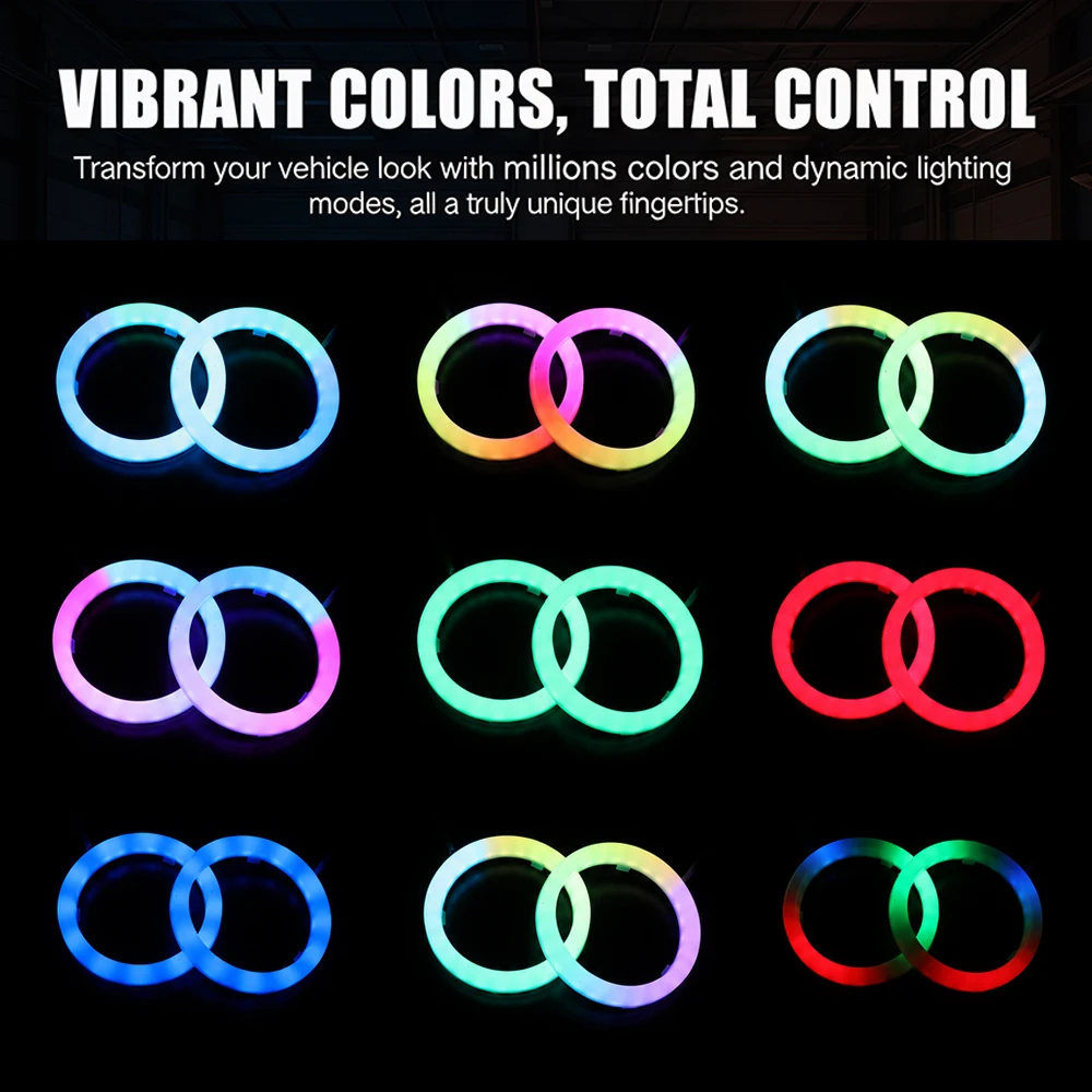 Car Headlights RGB Angel Eyes LED Halo Rings 60mm 70mm 80mm 90mm DRL Daytime Running Lights APP Control for Motorcycle Auto Car