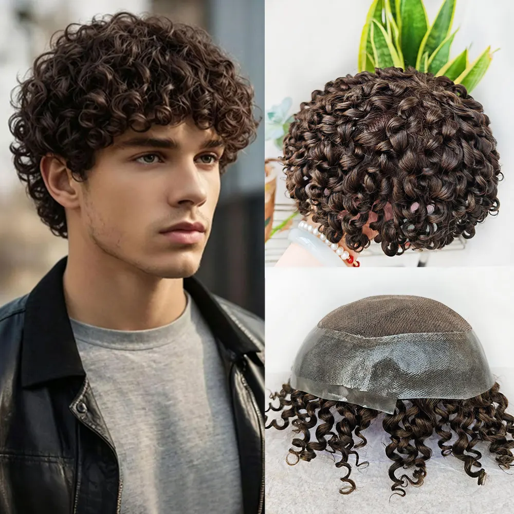

Teraman Brown Kinky Curly Wig for Men's Swiss Lace Top Human Hair Toupee with PU 8x10 Inch Middle Brown 4#Color Curly Hair Piece