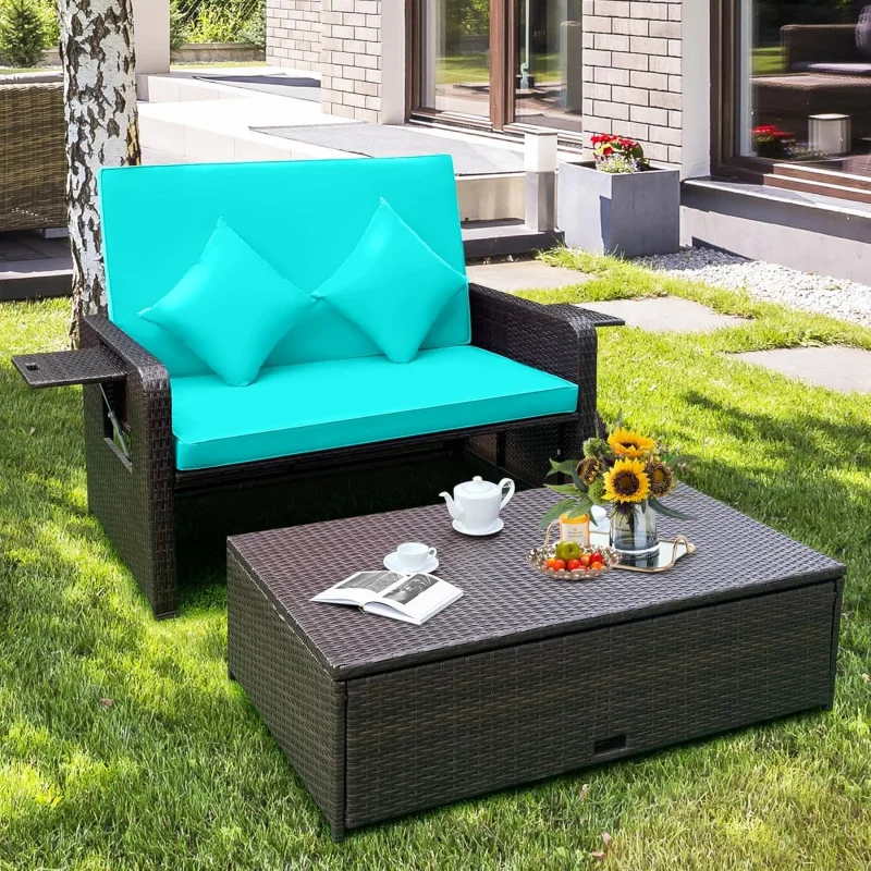 

Outdoor Daybed Chaise Lounger with 4-Level Adjustable Backrest, Retractable Side Trays & Storage Ottoman, Removable Cushions