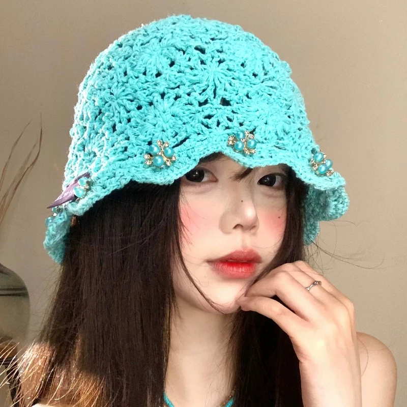 Mori Fresh Lake Blue Hand-crocheted Hollow Flower Bucket Hats for Women Summer Travel Breathable Versatile Sweet Pullover Cap