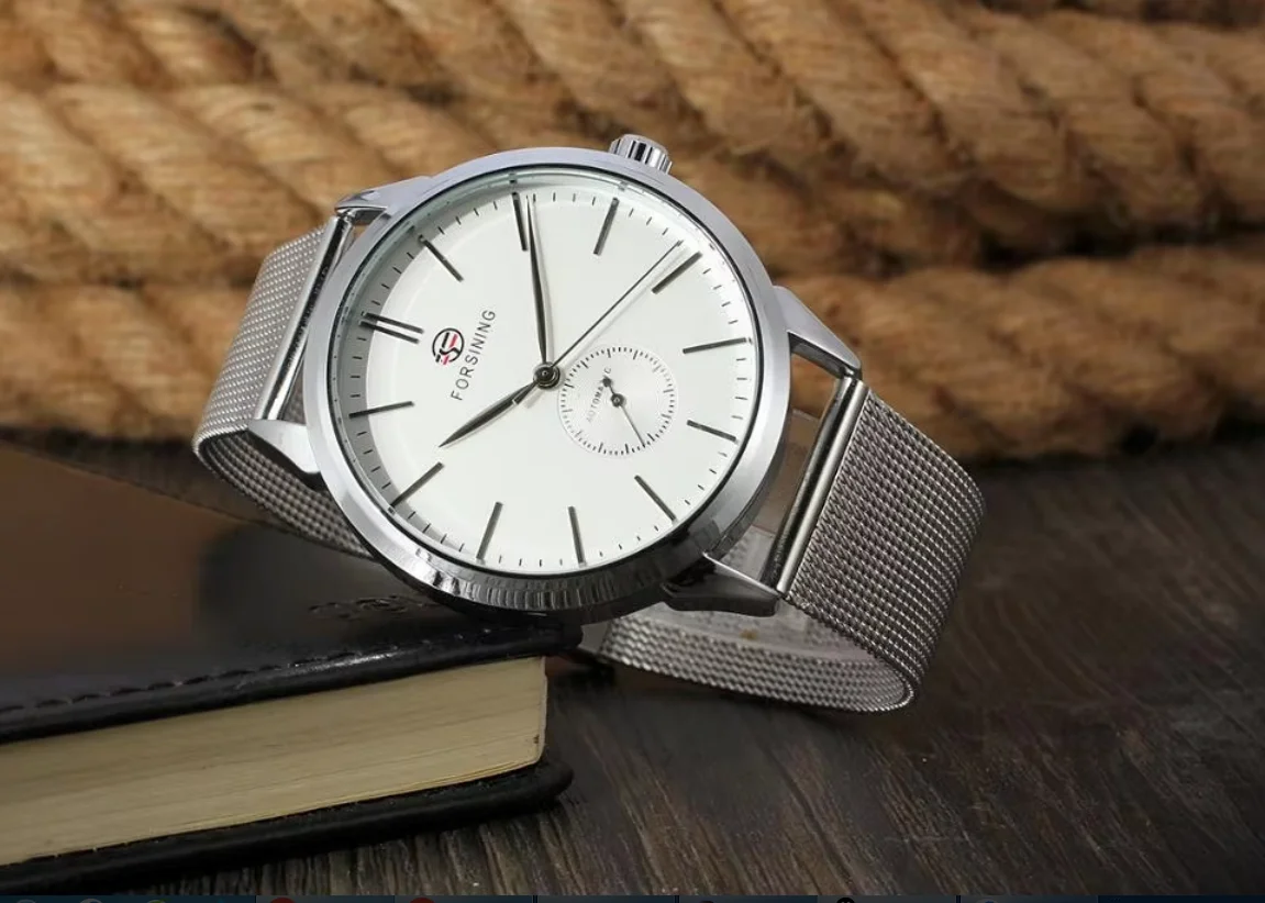 Forsining  trend Fashion white surface and silver seconds hand one eye automatic mechanical watch men's wrist watch