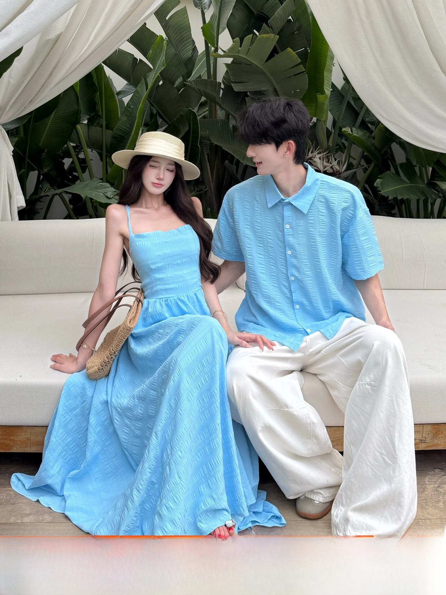 

Couples Summer Short Sleeve Shirt Backless Long Dress Beach Vacation Dress One Skirt One Dress Romantic Style Romantic Wind