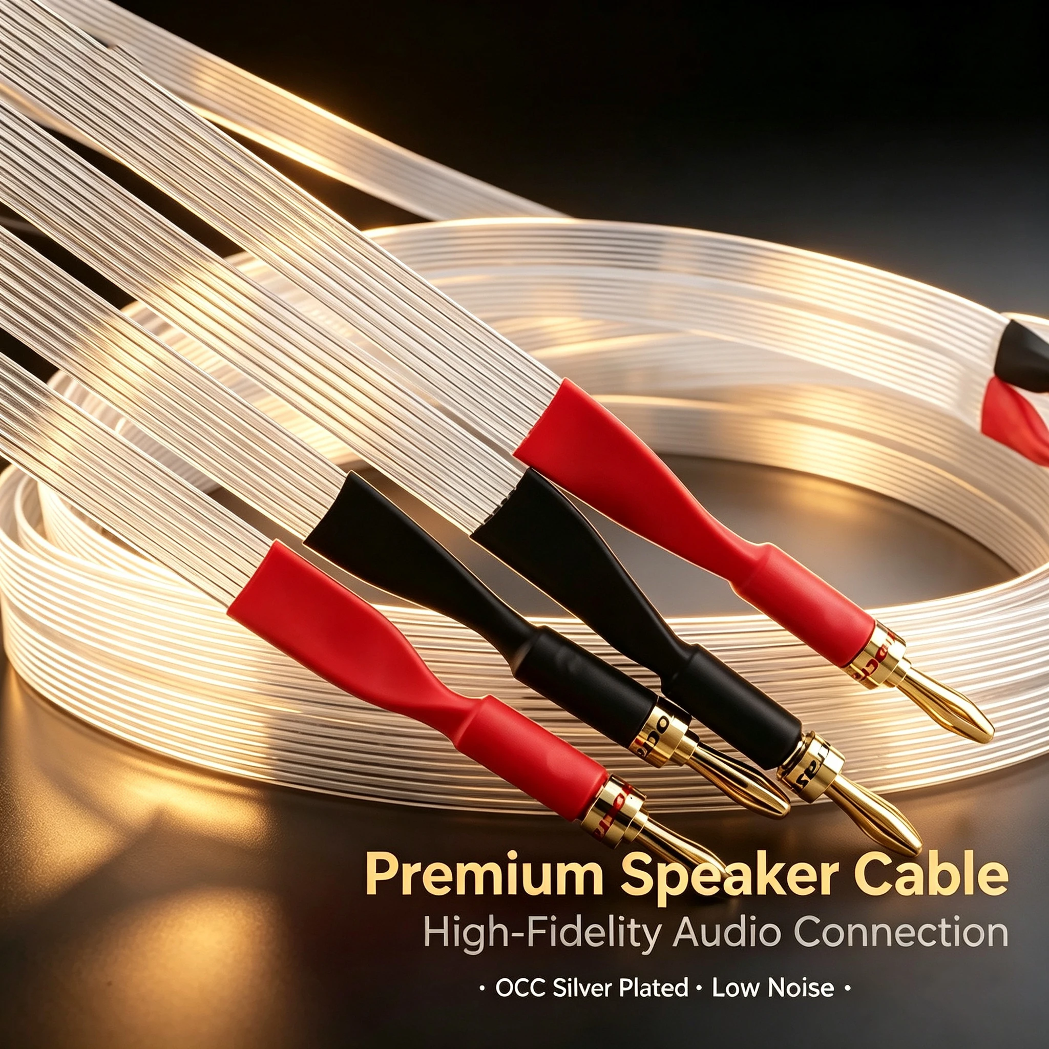 Pair Hi‑End Ribbon Flat Speaker Cable OCC Silver Plated Loudspeaker Wire with Gold Plated Banana Plugs for Amplifier HIFI System