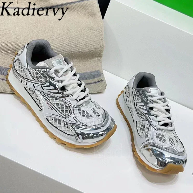 Luxury Sneakers Women Lace Up Round Toe Flat Casual Shoes Patchwork Mesh Hollow Outs Running Shoes Outdoor Sports Shoes Woman