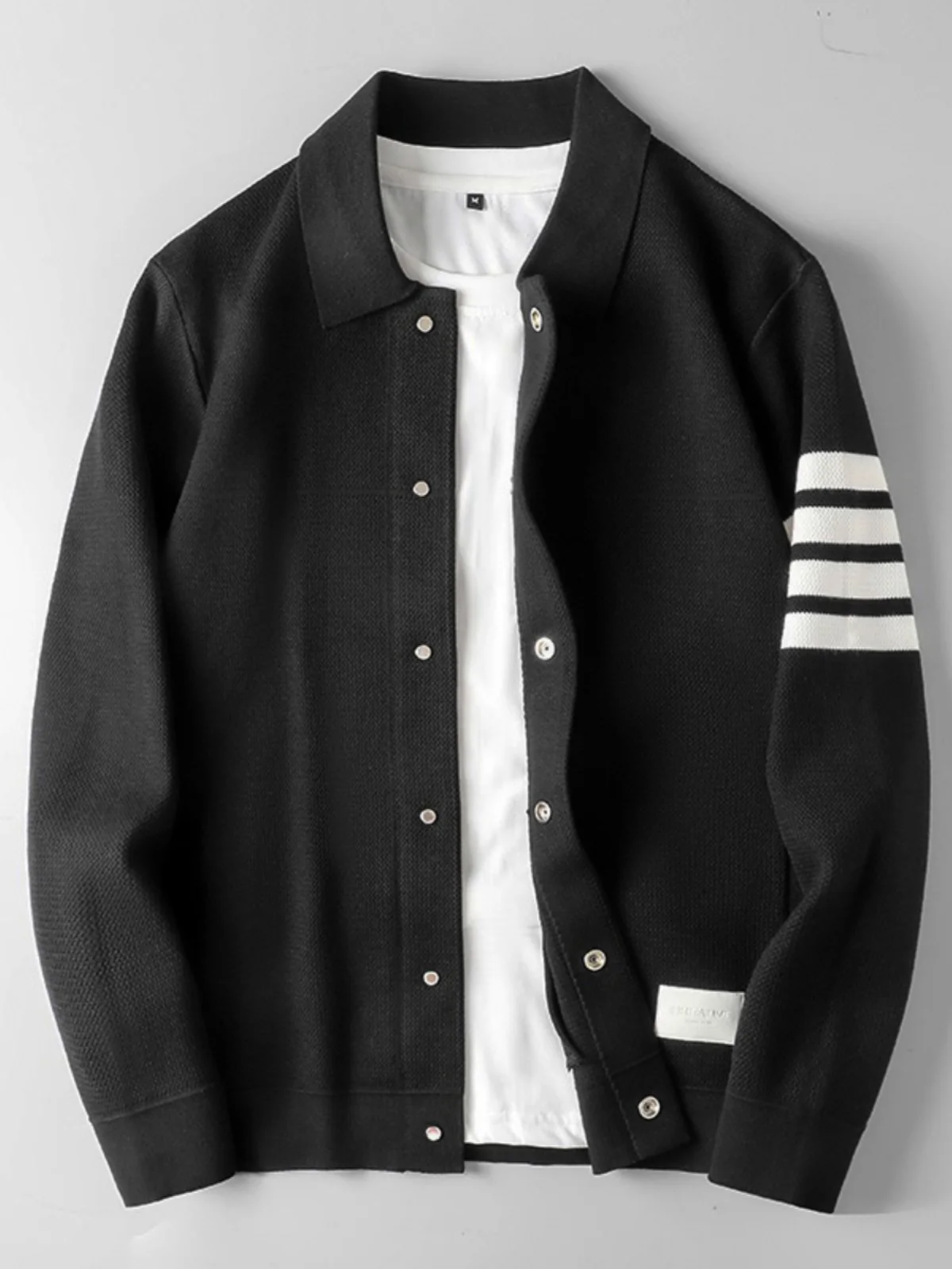 

Осень-весна, высококачественный текстурированный открытый кардиган с четырьмя полосками, свитер, мужской повседневный облегающий воротник, трикотажная верхняя одежда, модный джерт