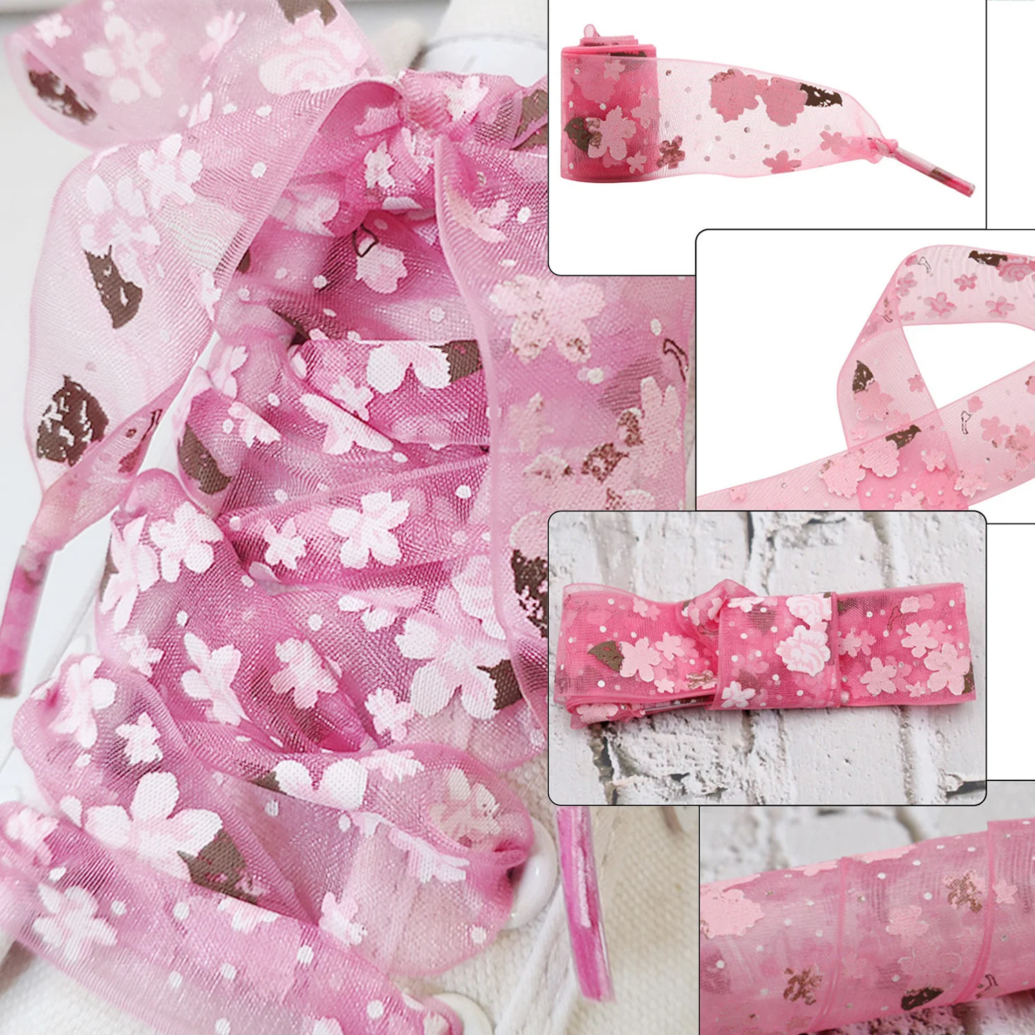 1 Pair 120/140cm Sakura Print Wide Mesh Shoelaces Outdoor Hiking Sports Shoes Strings Fashion Flat Yarn Shoe Laces For Women image 6