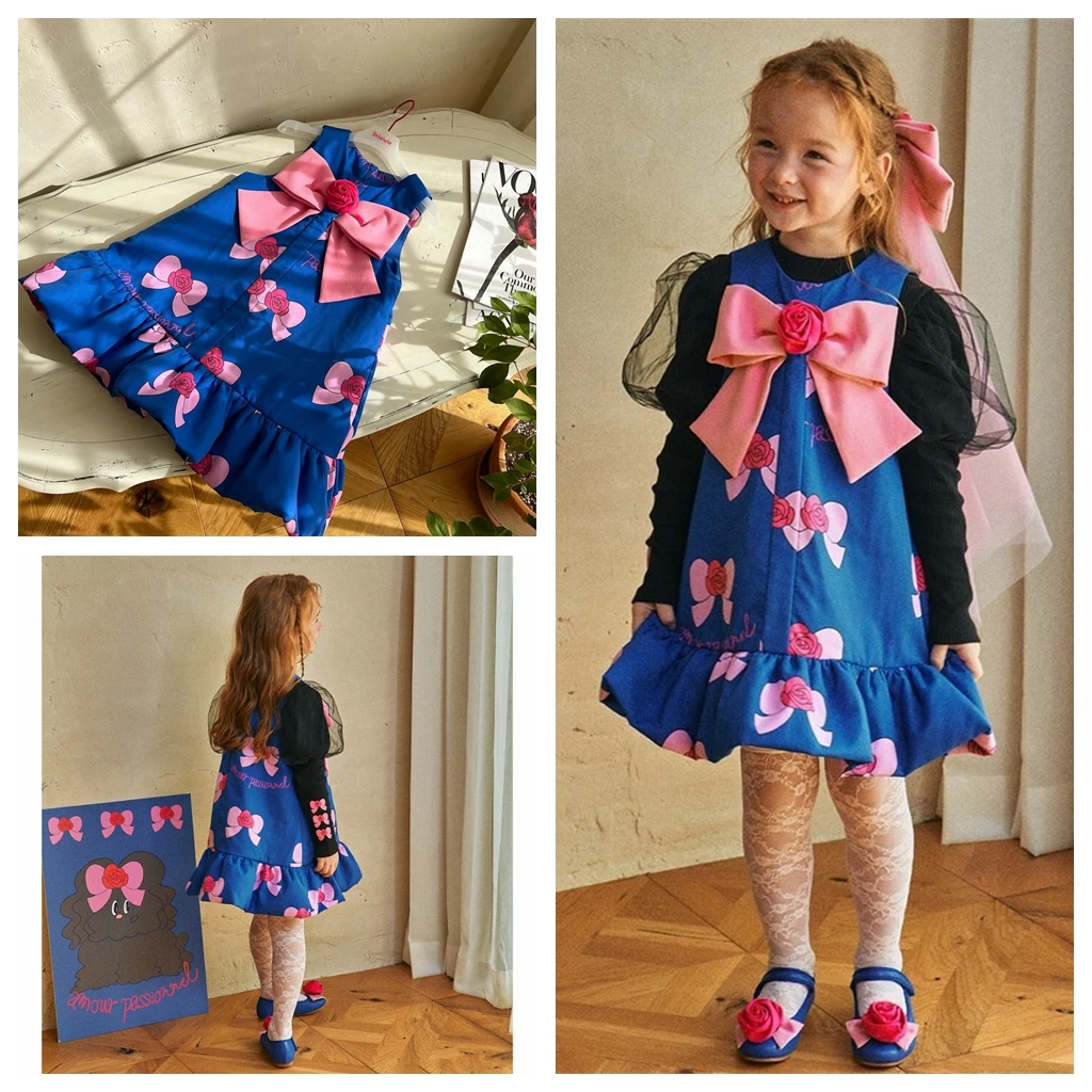 

Mother Kids Girls Blue Dress 2024 Spring Sleeveless Bow Ball Gown Clothing Kids Baby Princess Dresses Children Clothes