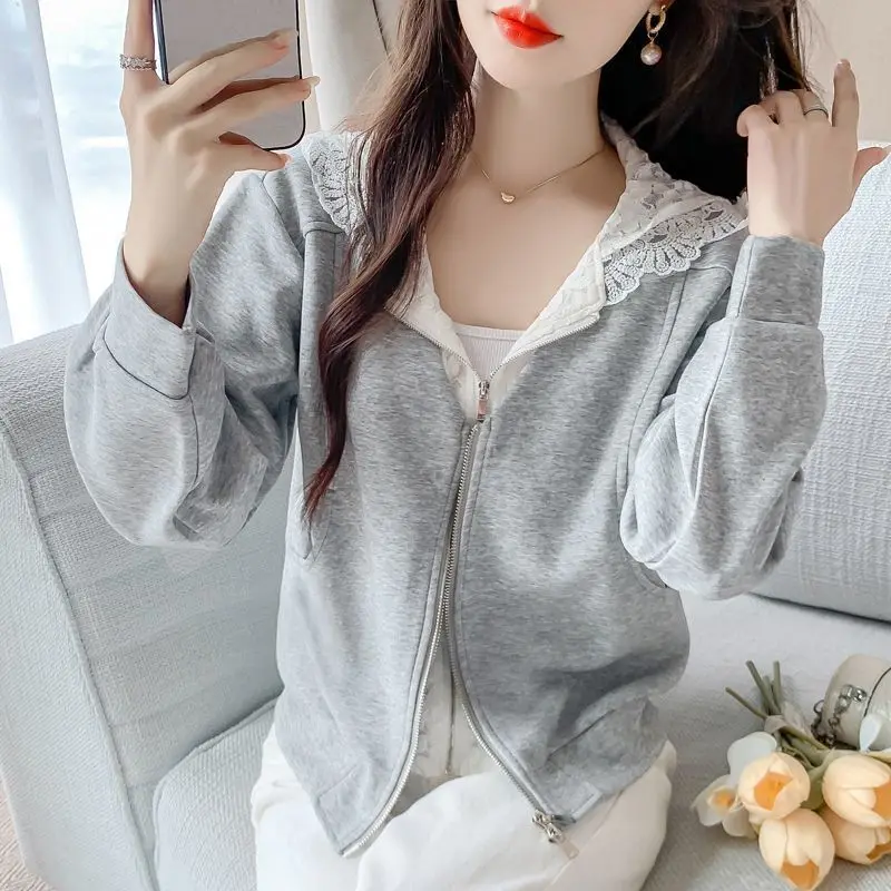 

Кружевная лоскутная молния, спортивная одежда, два модных осенних и зимних новых повседневных коротких топа для женщин