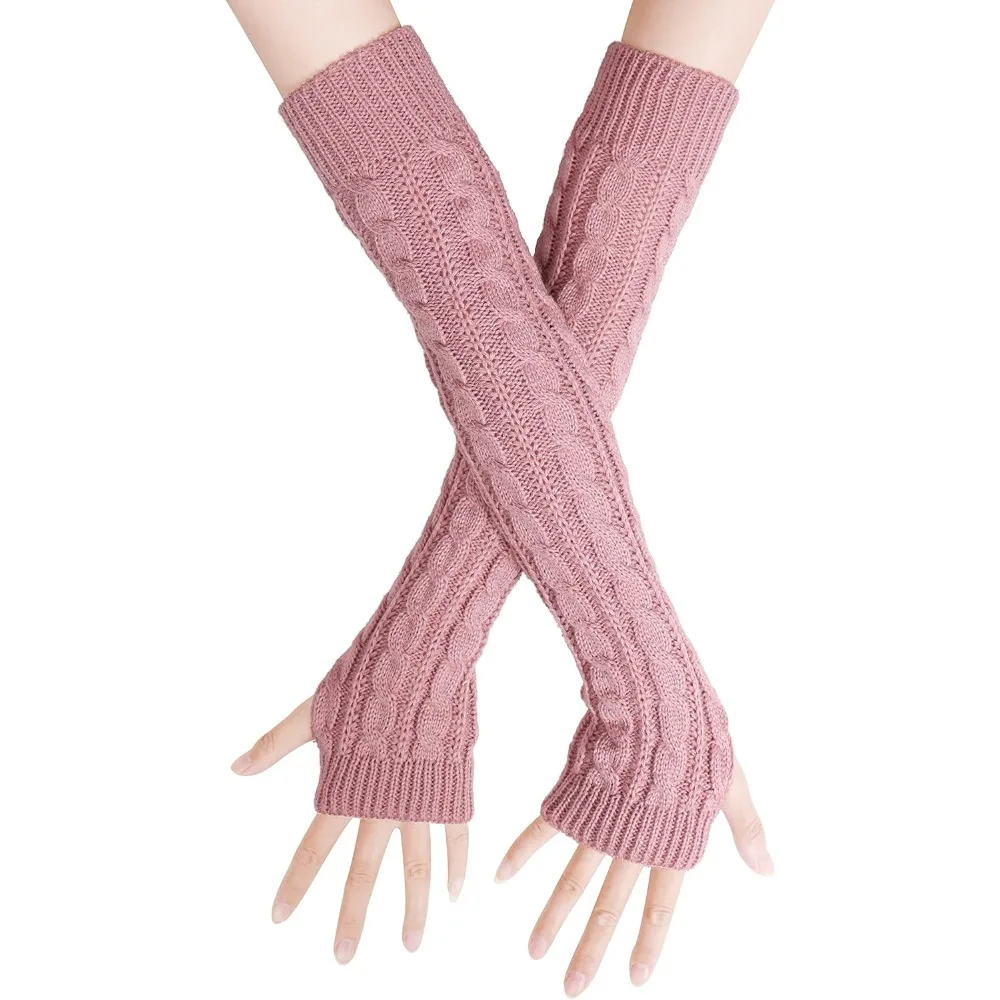 

Womens Winter Warm Over Elbow Long Fingerless Thumb Hole Gloves Mittens Knitted Arm Warmer