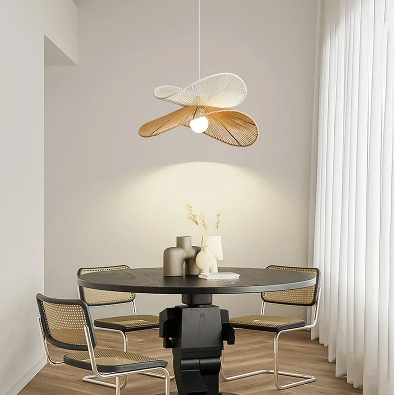 Hand-woven Braided Rope Pendant Light for Restaurant Living Room LED Hat Hanging Lamps Japanese Wood Chandelier Dining Table