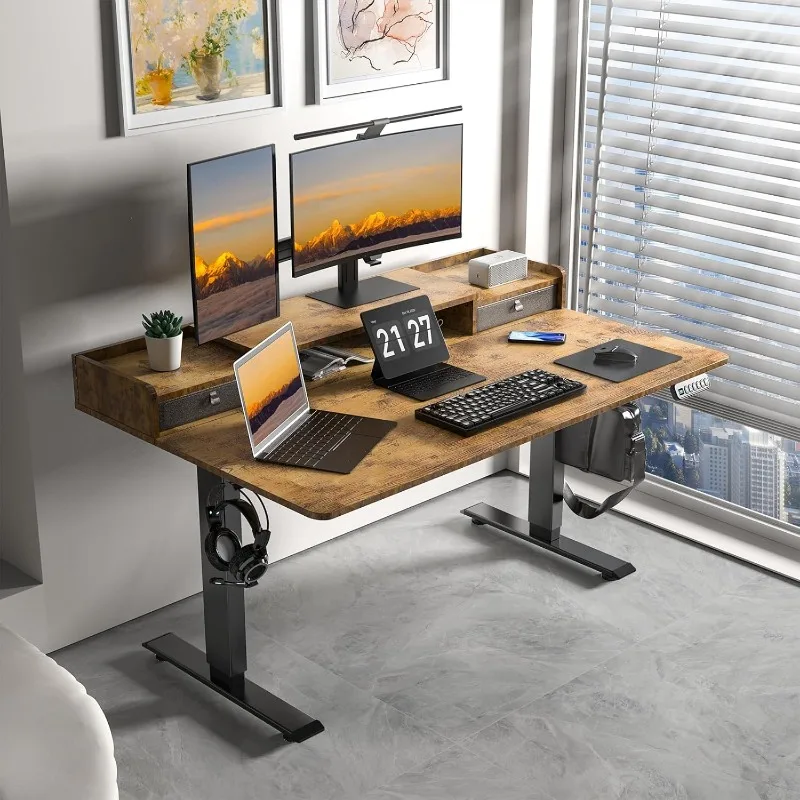 55×30 Inch Electric Standing Desk with 2 Drawers, Adjustable Height Widened Stand Up Desk with Storage Shelf, Sit to Stand