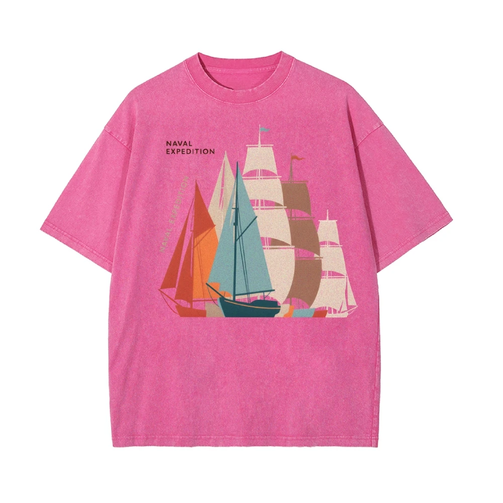

Vintage Oversized T-Shirt Graphic Tees Street Wear Y2K Women‘s Clothes Cotton Casual Cartoon Design Sailboat Naval Expedition