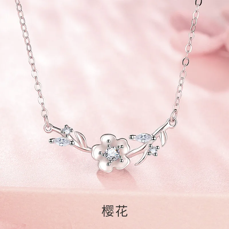 s999Pure Silver Necklace Women's Special Interest Light Luxury Clavicle Chain Cross-Border Hot Accessories New Flower Leaf Penda