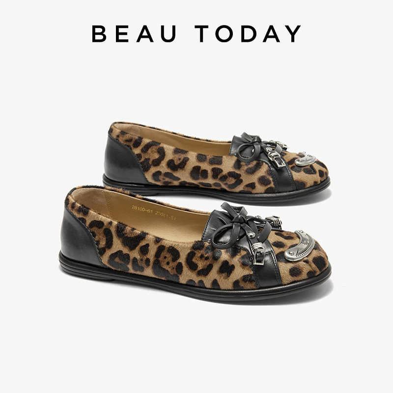 BEAUTODAY Casual Flats Shoes Women Calfskin Leather Leopard Metal Decoration Bow Slip-on Flats Ladies Shoes Handmade 28100