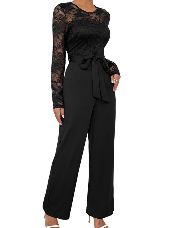 Renda retalhos longo sve macacão cintura alta calças de perna larga com cinto produção chinesa verão 2025 fibra de poliéster fina