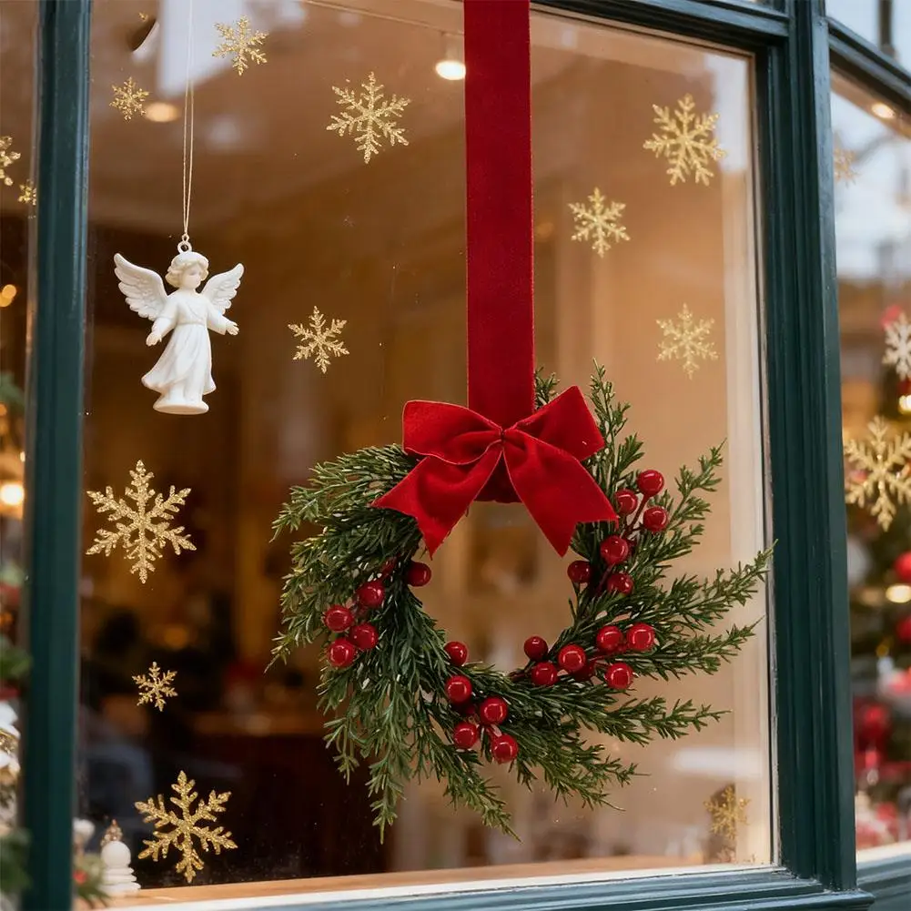 Künstlicher Weihnachtskranz, 25,4 cm, Wintergrüner Kranz, Haustür, Urlaub, Veranda, Wanddekoration mit roten Beeren und Samtschleife – Detail 10