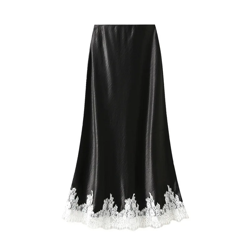 

New In Summer Lace Patchwork Satin Long Skirt For Women 2025 Elegant Fashion High Waist A-line Black Skirts