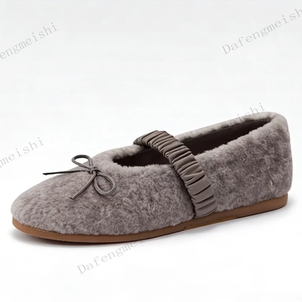 Women Furry Mary Jane Winter Warm Fleece Lined Flat Shoes Sweet Bow Decor Elastic Strap Slip On Soft Sole Casual Shoes
