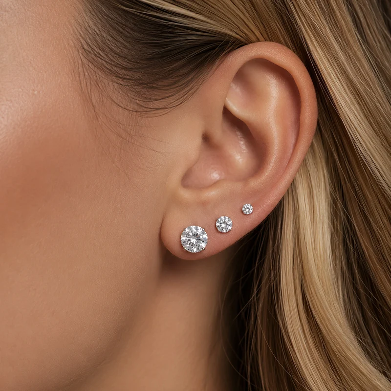 Stainless Steel Silver Color Round CZ Stud Earrings Set 12Pairs Minimalist Solitaire Unisex Hypoallergenic Fashion Jewelry Gift