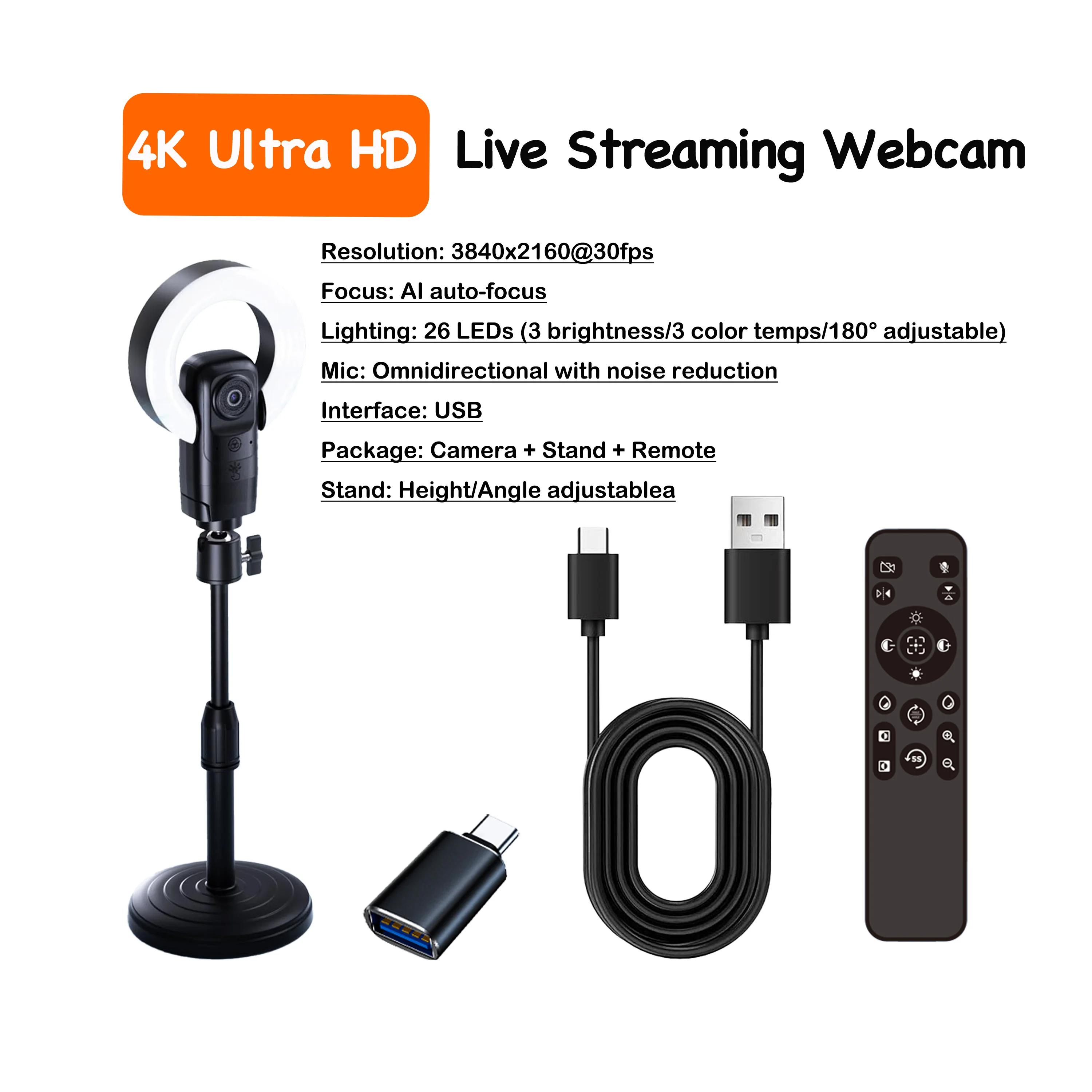 Webcam en Streaming 4K avec mise au point automatique et lumière de beauté AI, micro omnidirectionnel, caméra USB pour Live/YouTube/Zoom, Plug and Play