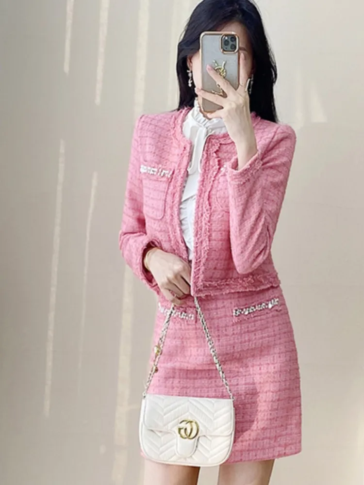 Pink Professional suit tweed jacket + skirt spring / autumn women\'s Coat Business ladies 2 piece skirt sets