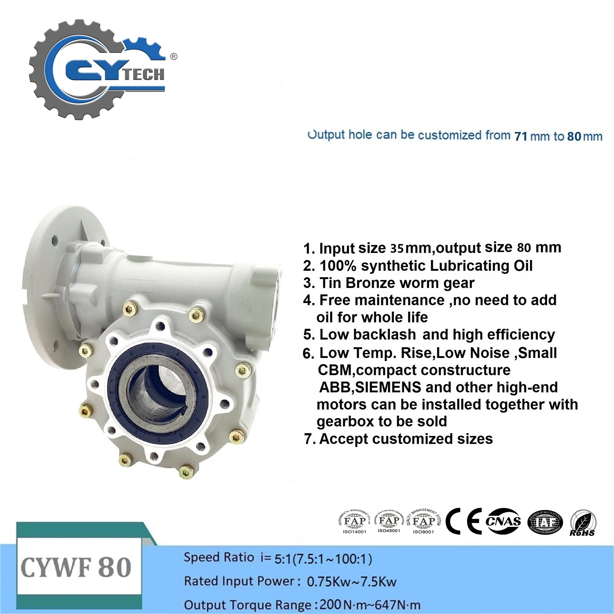 CHENYUE Big output Bore Worm Gearbox CYWF80 Input 35 Output 60mm Ratio 5:1/100:1 Torque 200-647N.m Motor 7.5Kw Hydraulic machine