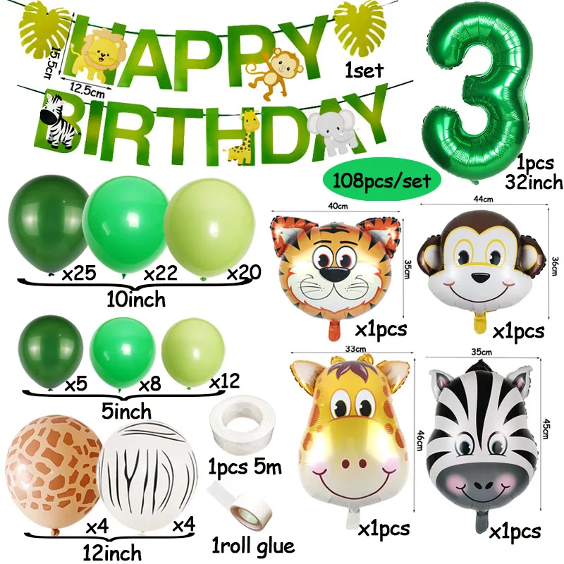 Birthday Balloon Garland Arch Kit para Crianças, Folhas de Palmeira, Selva Safari Festa, Baby Shower Banner, Balão Animal, 1 Ano, 2 Anos, 3 Anos de