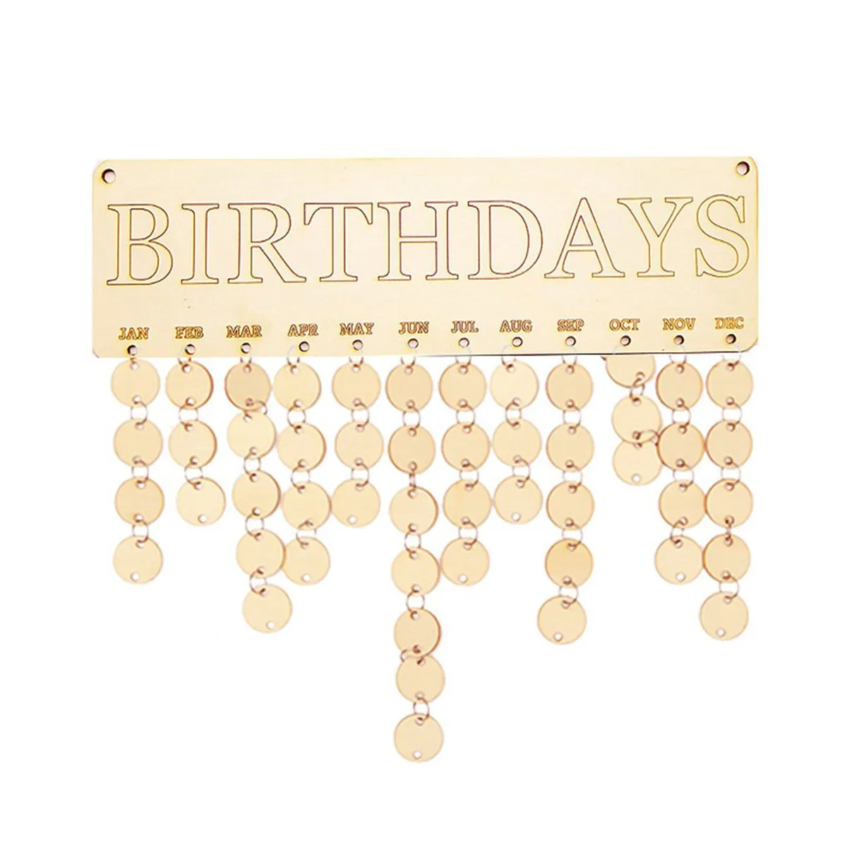 

Деревянная доска-календарь для напоминаний о днях рождения с 50 дисками, веревкой для подвешивания и печатными именными бирками для семейных мероприятий и декора стен дома