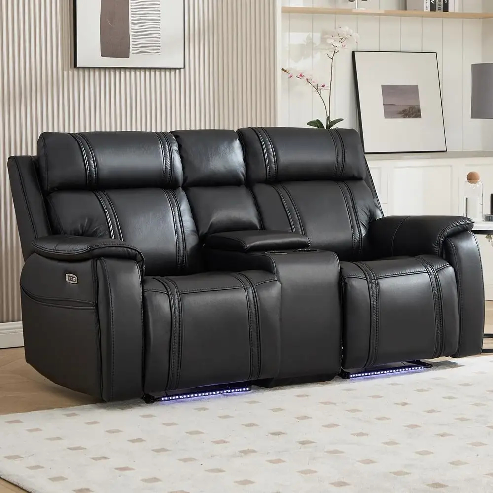 

2-Seat Reclining Sofa Set with Ambient Lighting, Storage, Cup Holders, Black Leather Loveseat for Living Room
